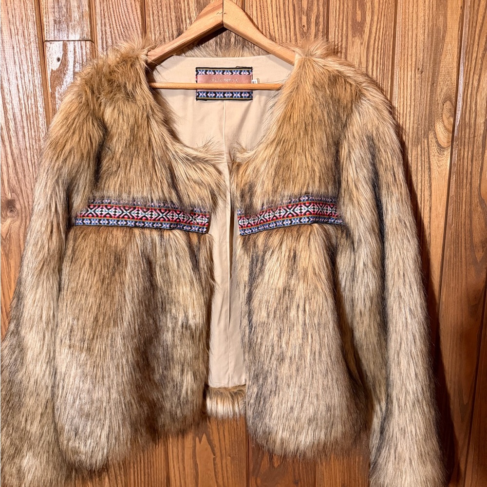 Eternal Sunshine Creations Faux Fur Jacket with Patterned Trim